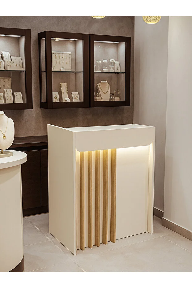 Karibu Ledli Karşılama Bankosu 110 cm Ofis Kasa Resepsiyon Masası Kumtaşı - Sepet